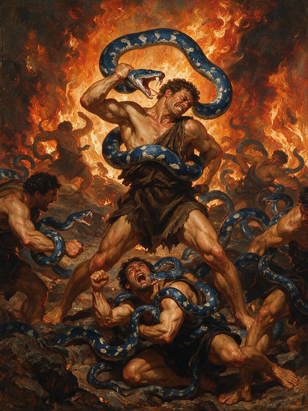 Baroque oil painting of tormented muscular men battling spotted blue snakes amid blazing swirling hellfire in an underworld