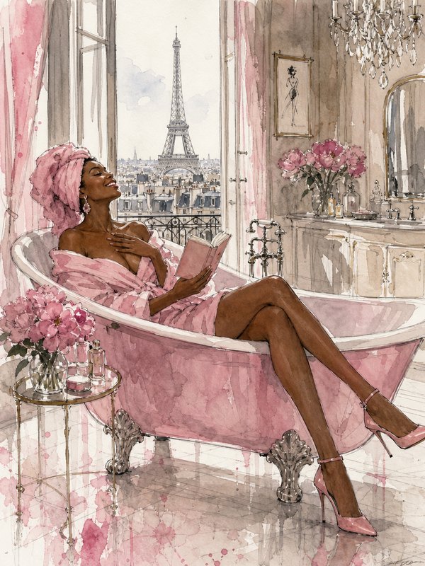 Watercolor illustration of a smiling woman relaxing in a pink clawfoot tub with Eiffel Tower view from a Paris apartment