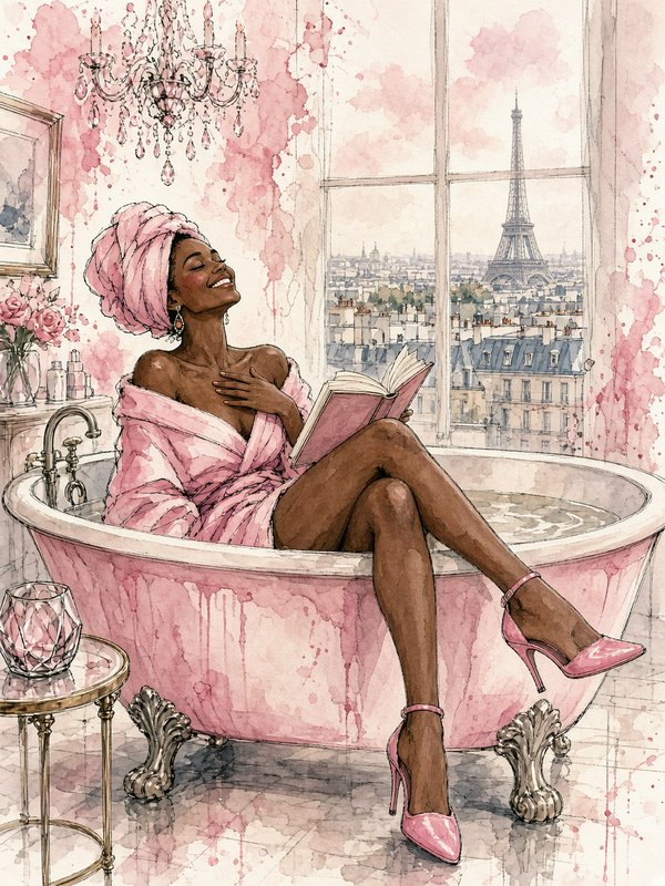 [Watercolor illustration of smiling Black woman relaxing in pink Paris clawfoot tub with Eiffel Tower view holding a book]