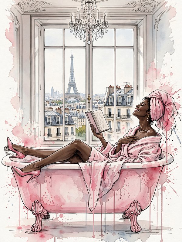 Watercolor illustration of a woman relaxing in a pink clawfoot tub, with Eiffel Tower view from a Paris apartment window.
