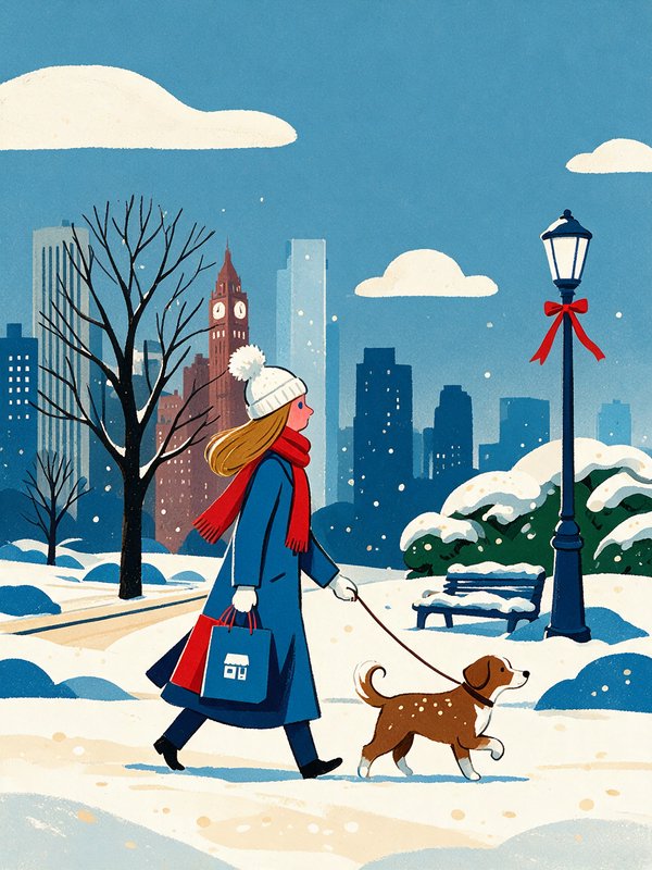 Retro winter illustration of a woman in winter wear walking her dog through a snow-covered city park as snow falls