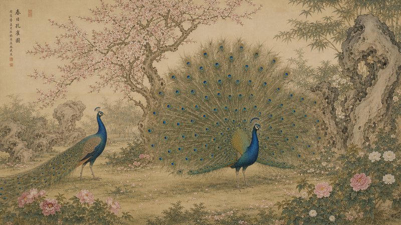 Traditional Chinese gongbi painting of two peacocks, one displaying its full fanned tail, in a blooming spring garden.