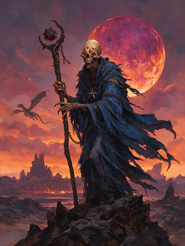 Multi-eyed skeletal lich holding a magic staff stands on rocks under a giant glowing blood moon in a dark fantasy wasteland