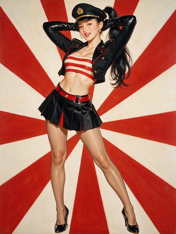 [Retro pinup illustration of a woman in a military themed outfit posing against a bold red and white sunburst background]