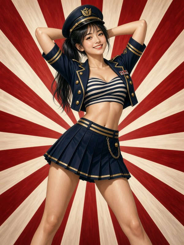 Cheerful young woman in navy captain cosplay poses with hands behind her head against red and white radial sunburst backgr...