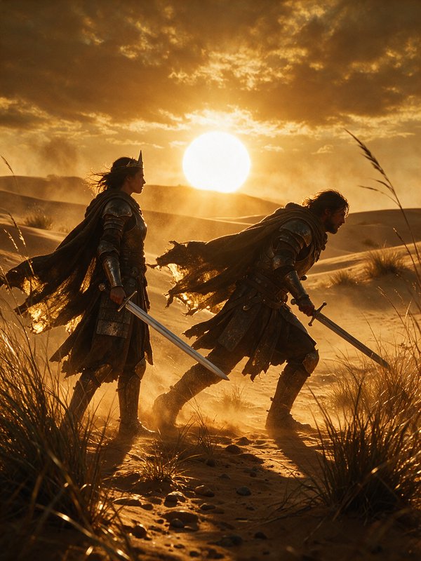 [Two armored fantasy warriors, including a crowned queen, hold drawn swords in a windswept desert at golden sunset]