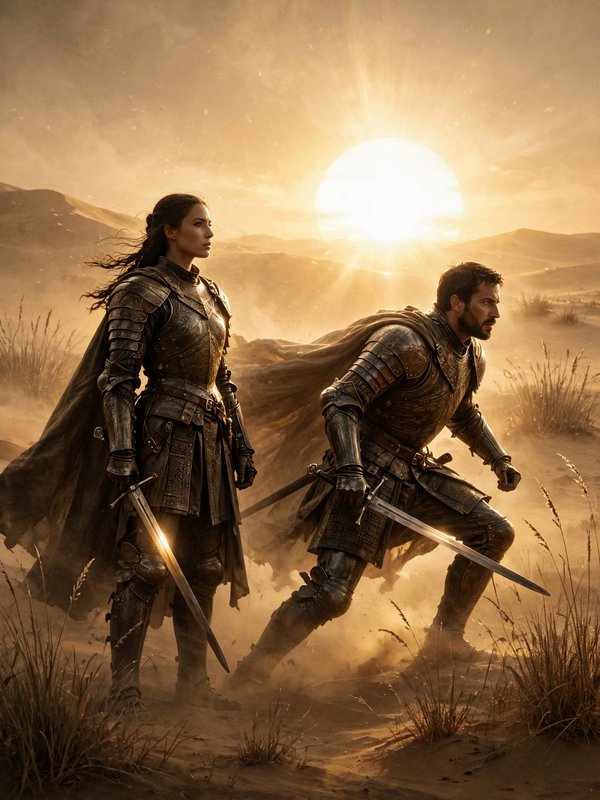 Two armored fantasy knights wielding longswords stand ready in a windswept sunlit desert at golden sunset.