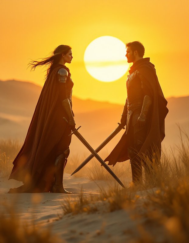 [Two armored fantasy knights cross swords facing each other on sandy dunes beneath a glowing golden sunset]