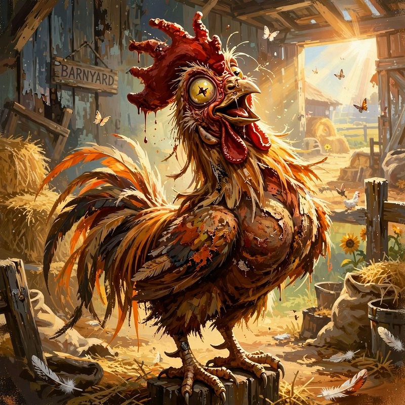 Surreal whimsical wide-eyed rooster perched on a stump inside a sunlit rustic barnyard barn