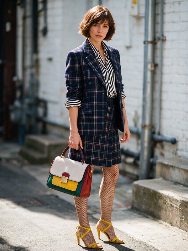 Woman in matching navy plaid skirt suit holds colorblock handbag, wearing fishnet tights and yellow heels on an urban side...