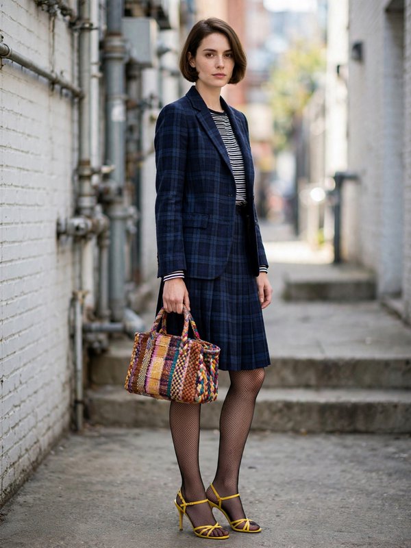 Woman in matching navy plaid suit holds a colorful woven handbag while posing in a sunlit urban alley for a street style f...