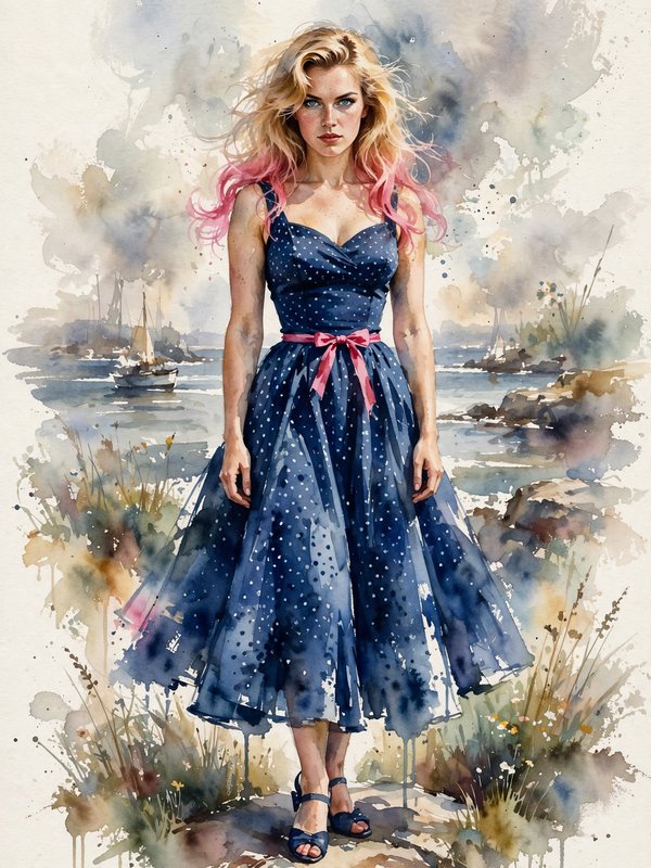 Watercolor portrait of a blonde pink-haired woman in a navy polka dot dress standing on a coastal shoreline.
