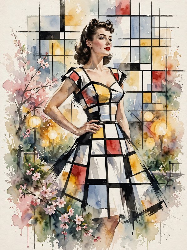 [Watercolor portrait of 1950s pinup woman in geometric Mondrian grid dress, framed by pink cherry blossom branches]