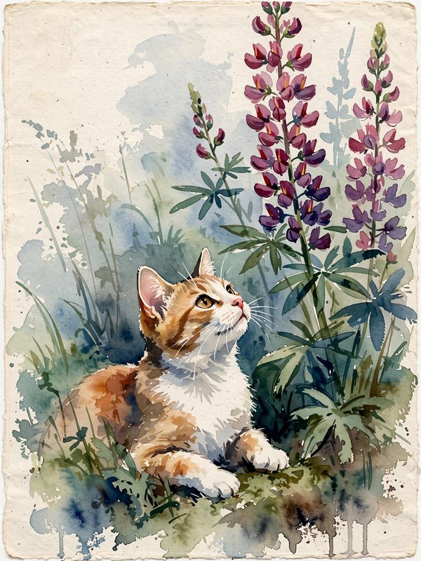 [Watercolor illustration of an orange and white tabby kitten gazing upward while resting among tall purple lupine wildflow...