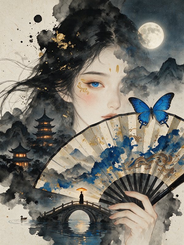 Ethereal ink wash guofeng portrait of East Asian woman holding a fan, with blue butterfly and moonlit pagoda landscape