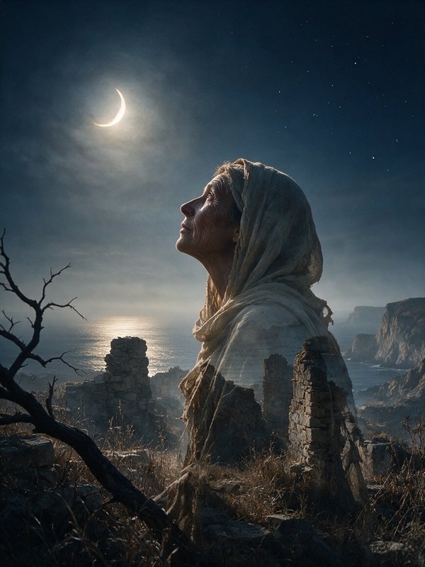 [Surreal double exposure of hooded elderly woman gazing at crescent moon above coastal ruins on a starry night]