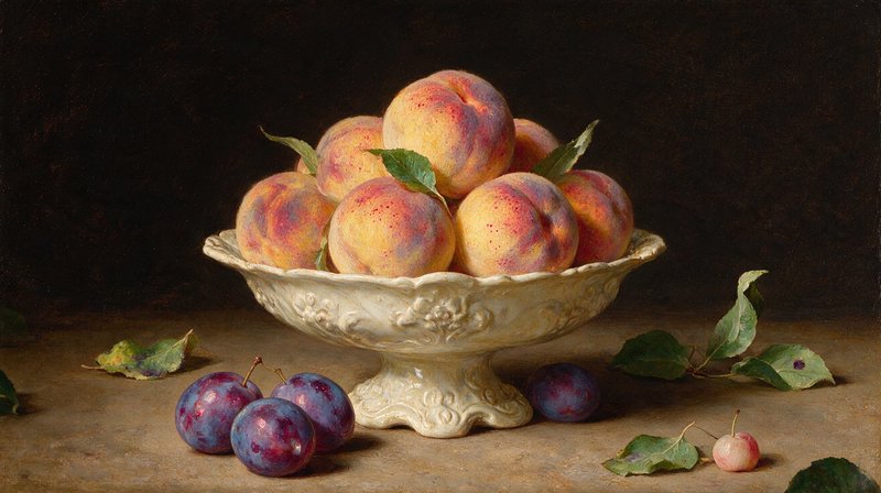 Realistic still life oil painting of ripe peaches in an ornate white footed bowl, with plums and scattered leaves on a