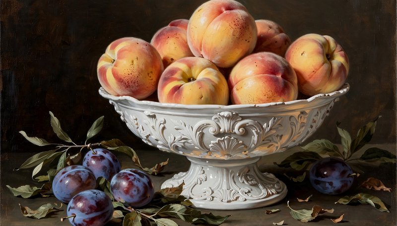 Baroque still life oil painting of ripe peaches in an ornate white pedestal bowl, scattered purple plums on a dark tabletop.