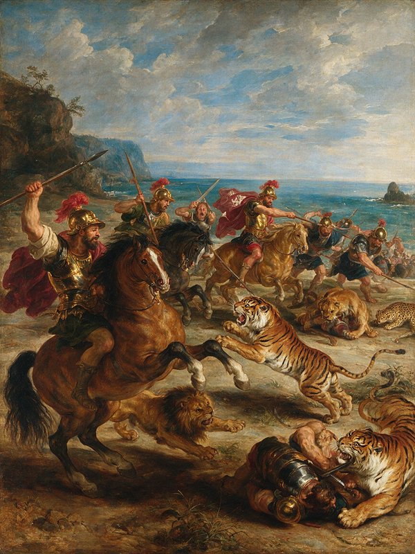 Baroque historical oil painting of armored Roman cavalry warriors battling ferocious tigers and lions on a coastal shoreline.