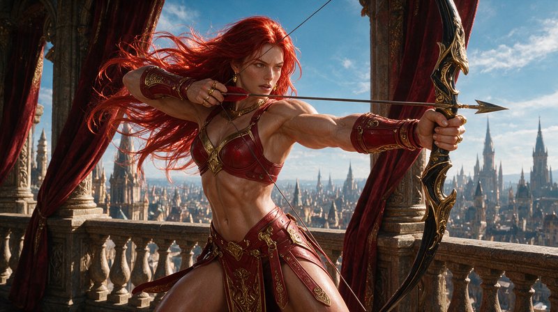 Muscular red-haired fantasy female archer draws an ornate bow from a palace balcony overlooking a spired fantasy city.