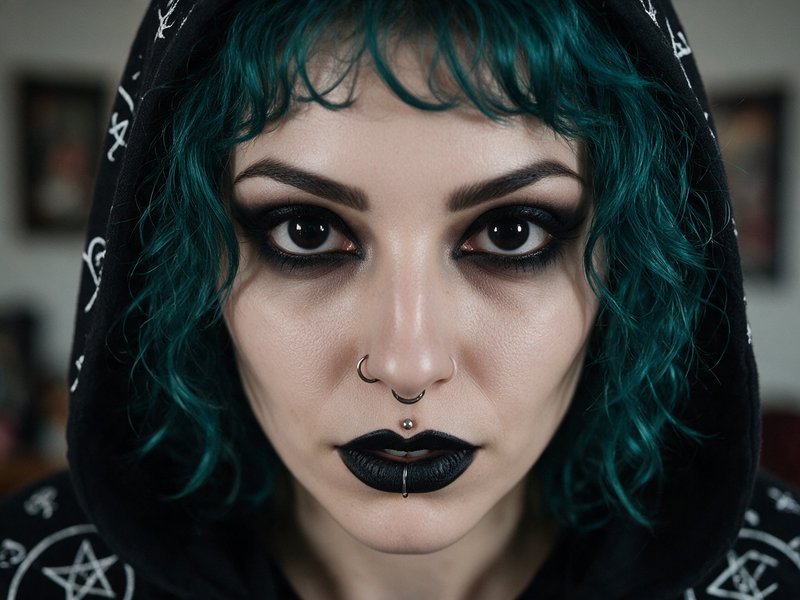 [Close-up portrait of a goth woman with teal curly hair, facial piercings, dark makeup, and occult print hoodie]