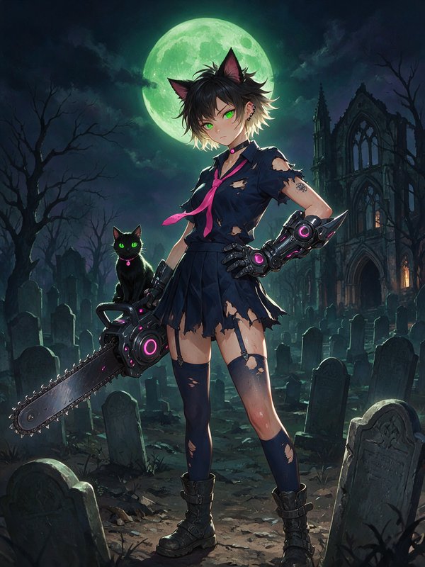 Fierce anime neko girl with cybernetic gear holds a chainsaw in a moonlit gothic graveyard, black cat perched on her weapon.