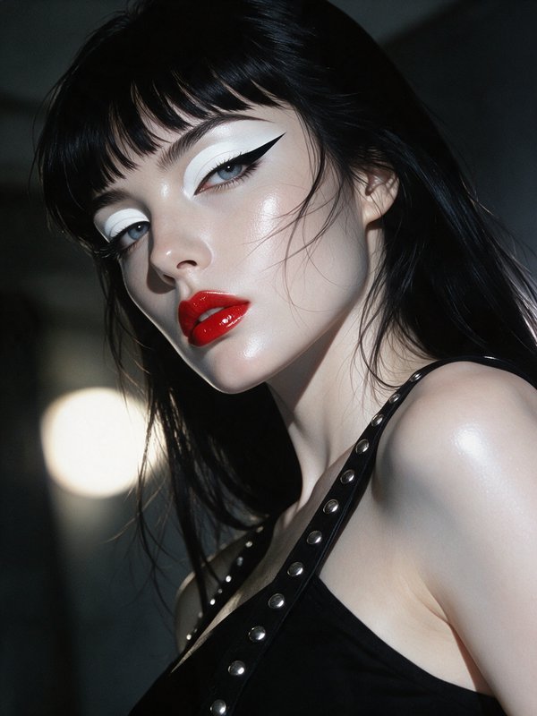 Close-up beauty portrait of a model with bold graphic makeup, black blunt bangs, glossy red lipstick, moody studio lighting.