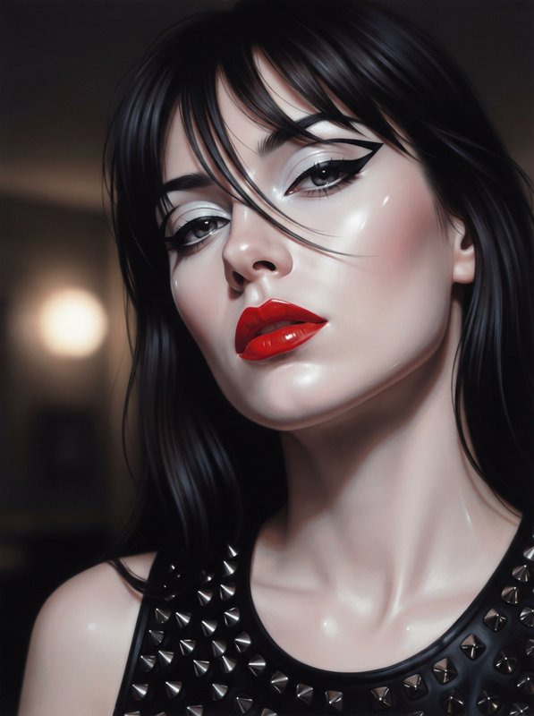 Close-up portrait of a woman with sleek black hair, bold winged liner, glossy red lipstick, and studded black top