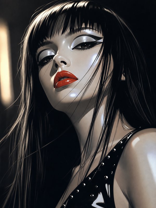 Stylized digital portrait of a woman with straight black blunt bangs, bold red lipstick, dramatic winged eyeliner