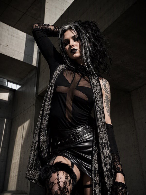Low angle portrait of goth fashion model in edgy black alternative wear inside a brutalist concrete building.