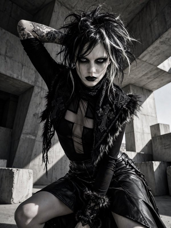 [Moody goth alternative fashion model with dramatic dark makeup poses in a stark brutalist concrete industrial location.]