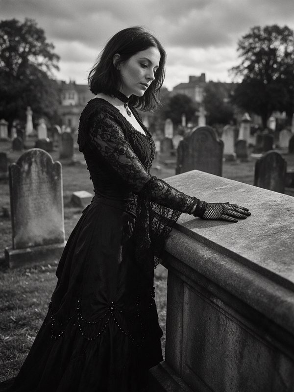 [Monochrome portrait of a woman in a black lace gothic dress resting her hand on a weathered cemetery tombstone]