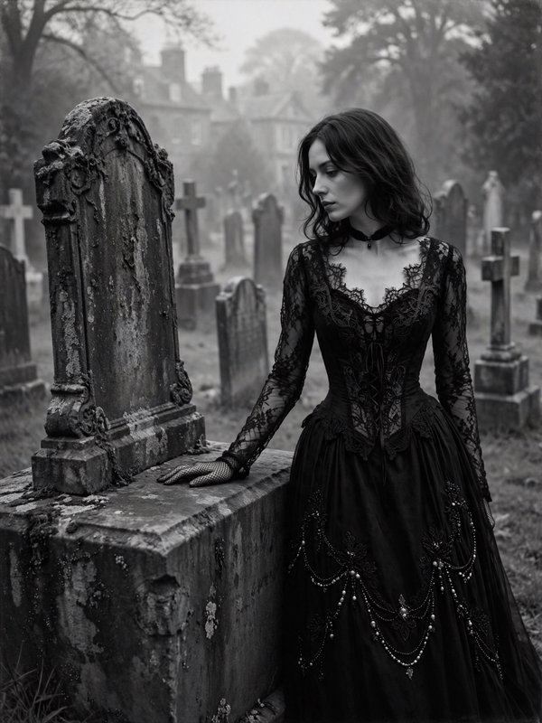 [Somber gothic woman in a black lace Victorian gown rests her hand on a weathered gravestone in a misty old cemetery]