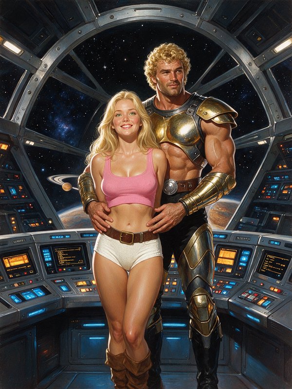 [Retro 80s sci-fi illustration of an armored space hero and blonde heroine standing inside a futuristic spaceship cockpit]