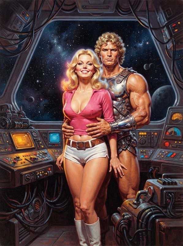 [Retro sci-fi pulp painting of a heroic space couple standing together inside a starship cockpit, starry outer space visib...