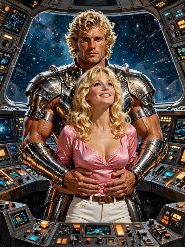 Retro sci-fi couple: armored muscular space hero embraces smiling blonde woman inside a futuristic starship cockpit with s...
