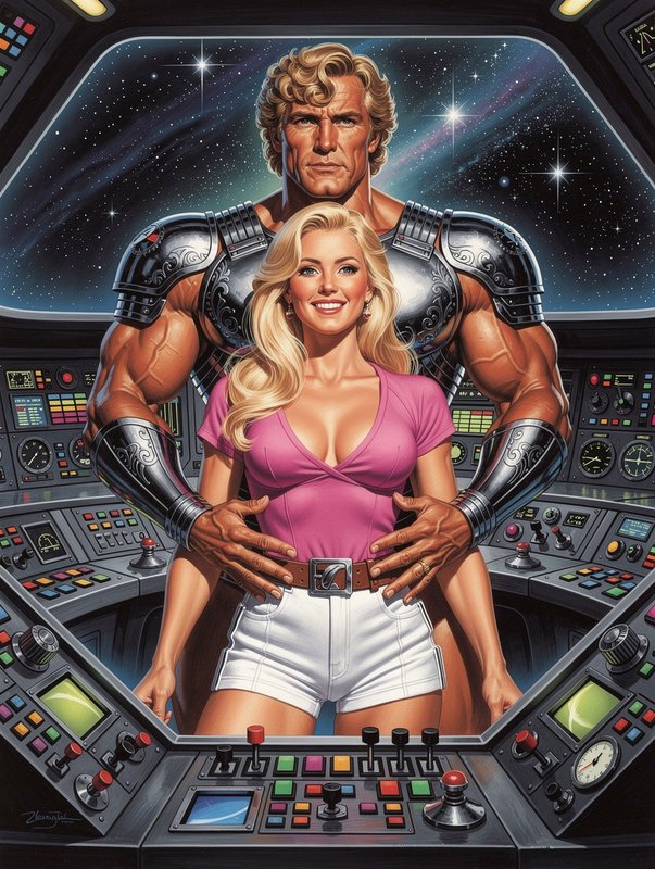Retro 80s sci-fi illustration of a muscular armored man and smiling blonde woman standing in a spaceship cockpit, starry s...