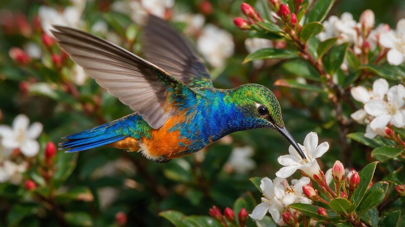 [Iridescent multicolored hummingbird hovers mid-flight, feeding on nectar from a white flower on a flowering bush]