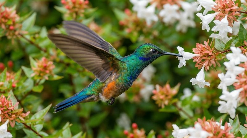 [Iridescent green hummingbird hovers mid-flight to feed nectar from a delicate white tubular garden flower]