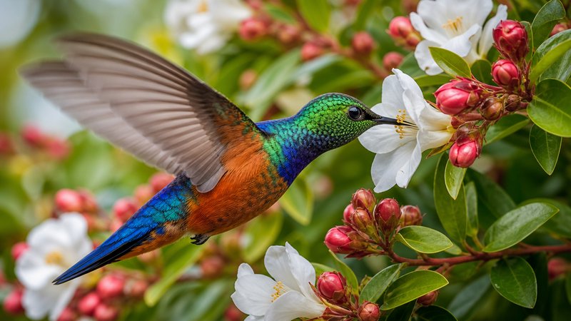 [Iridescent multicolor hummingbird hovers mid-flight to drink nectar from a white blossom on a flowering shrub]