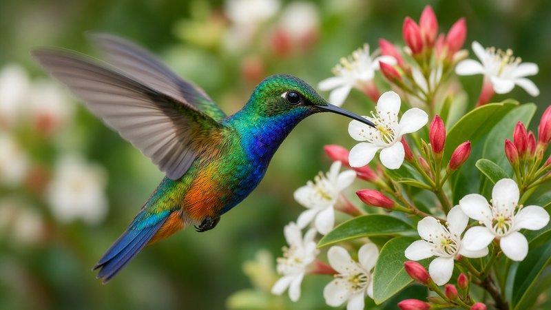 [Iridescent multicolored hummingbird hovering mid-flight to feed on nectar from a white blooming flower on a shrub]