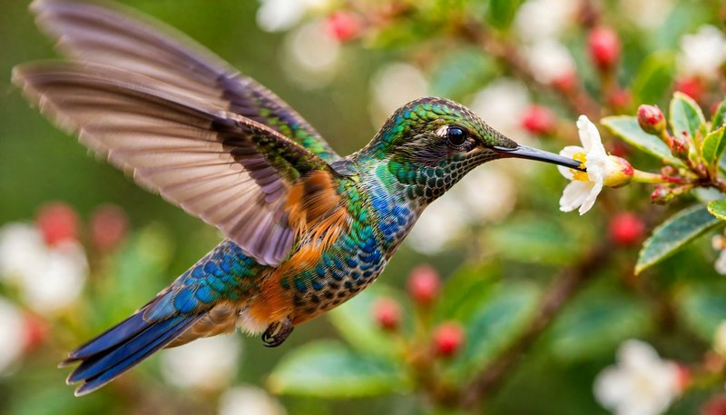 [Iridescent multicolored hummingbird hovers mid-flight, drinking nectar from a small white flower against a soft blurred g...