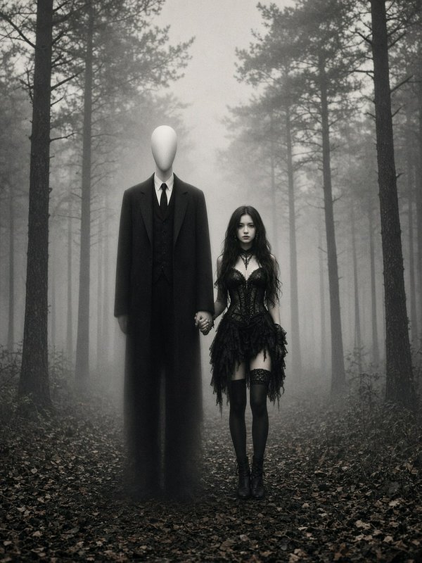 [Tall faceless Slender Man holds hands with a gothic woman standing on a path in a misty fog-shrouded pine forest]