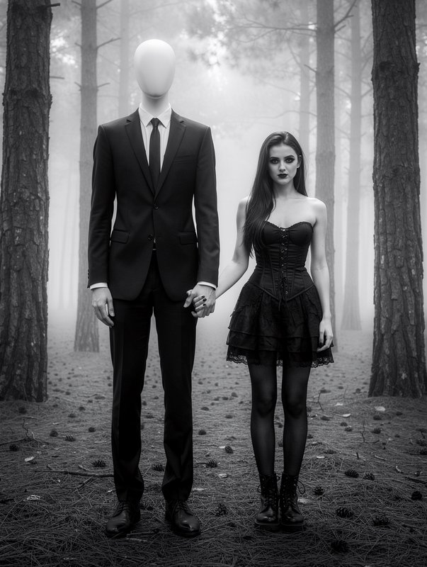 Black and white surreal shot of a faceless suited figure holding hands with a goth woman in a foggy pine forest.