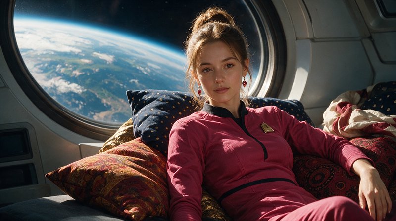 Young female starship officer in a magenta uniform relaxes on cushions inside a spacecraft, Earth visible through a round ...