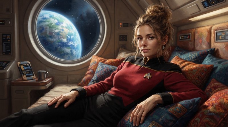 Female Starfleet officer relaxing on a starship bunk, with a view of Earth through a round porthole in deep space.