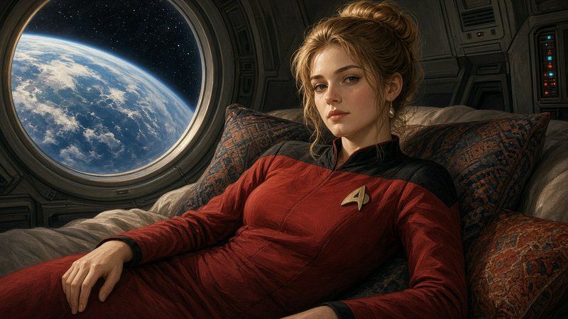 Young female Starfleet officer reclines in starship quarters, Earth visible through a round porthole window.
