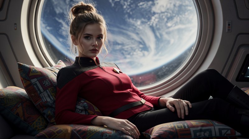 Young female starship officer in red uniform reclines on a couch, with a view of a blue planet through a round spaceship p...