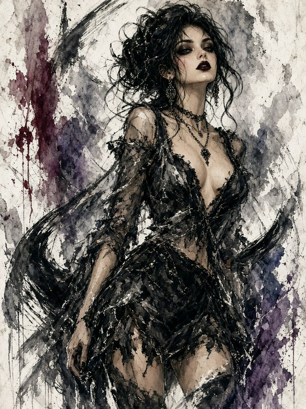 [Watercolor and ink portrait of a dramatic gothic woman in a sheer black lace gown, with tousled dark hair and moody goth ...