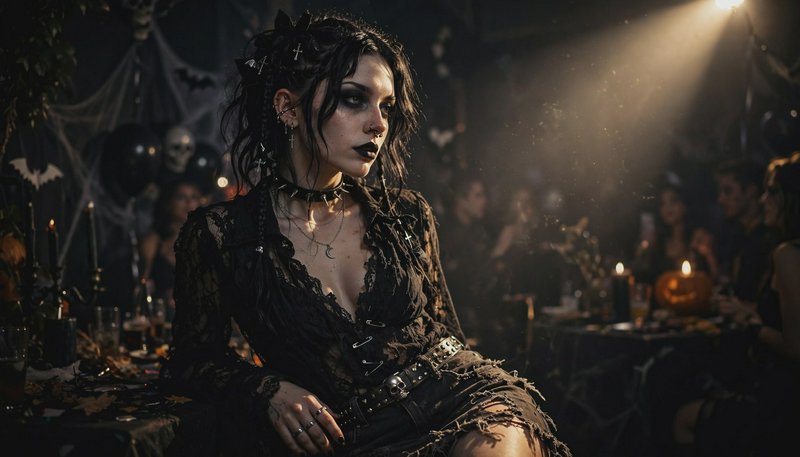 Gothic young woman with dark makeup sits at a dim spooky Halloween party, with cobweb decor and jack-o-lanterns in the